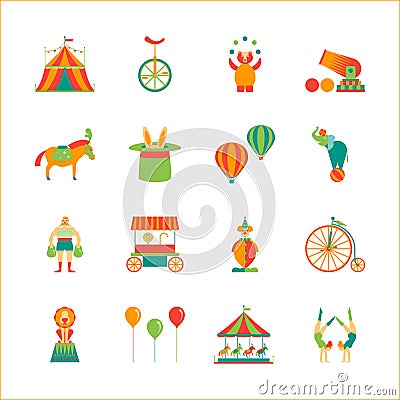 Cartoon Circus Color Icons Set. Vector Vector Illustration