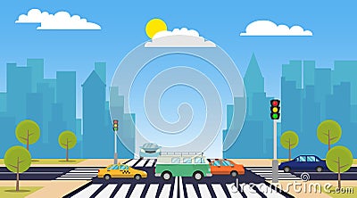 Cartoon city crossroads with cars in traffic jam, sidewalk, crosswalk and urban landscape. City skyline with houses banner. Vector Cartoon Illustration
