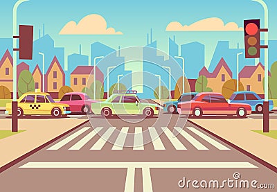 Cartoon city crossroads with cars in traffic jam, sidewalk, crosswalk and urban landscape vector illustration Vector Illustration