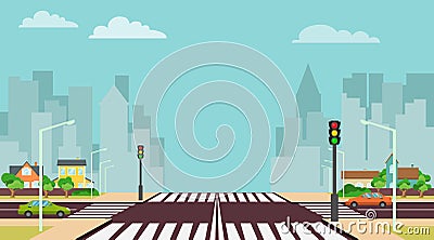 Cartoon city crossroads with traffic lights, sidewalk, crosswalk and urban landscape. Stock vector illustration of roadside Cartoon Illustration