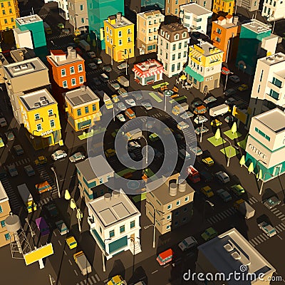 Cartoon city town district. Street Intersection road 3d. Very high detail. Cars end buildings top view. Evening shade. Cartoon Illustration