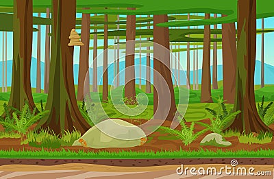 Cartoon classic forest woods landscape with trees, grass and stones. Mountains hills on the background. Landscape for Vector Illustration