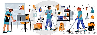 Cartoon cleaning service equipment. Professional housekeeper accessories. Cleaner characters with hygiene tools and Vector Illustration