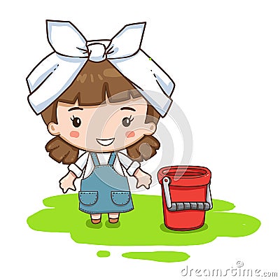 Cartoon cleaning service girl in formal clothes and headscarf. Vector Illustration