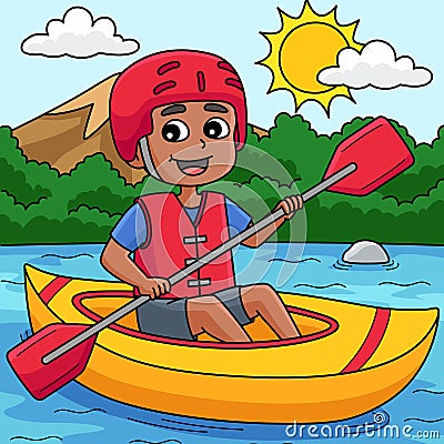 Boy Kayaking in Summer Colored Cartoon Vector Illustration
