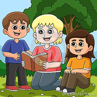 Christian Children Reading a Bible Colored Cartoon Vector Illustration