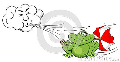 Cartoon cloud blowing wind on a frog with umbrella Vector Illustration