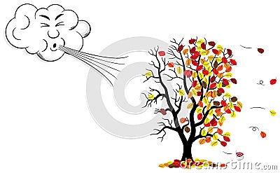 Cartoon cloud that blows wind to a tree who loses fall foliage Cartoon Illustration