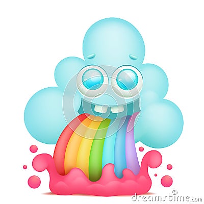 Cartoon cloud emoji character with rainbow vomiting Cartoon Illustration