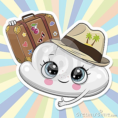 Cartoon cloud in a hat with luggage Vector Illustration