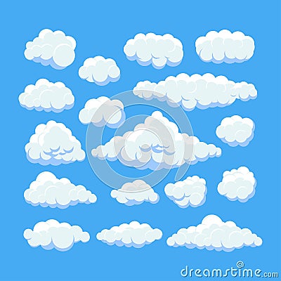 Cartoon clouds on blue sky panorama vector collection. Cloudscape in blue sky, white cloud illustration Vector Illustration