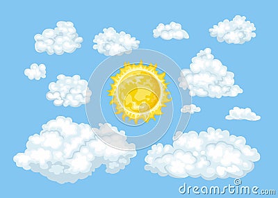 Cartoon clouds of different shapes and sun set. Ð¡loudy blue sky Cartoon Illustration