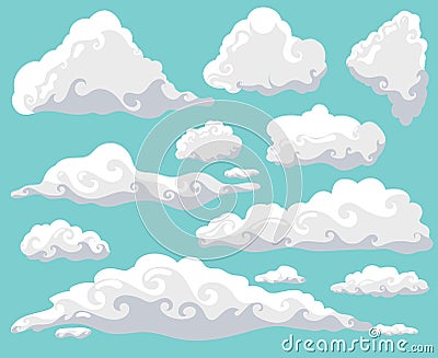 Cartoon clouds set on blue sky background. Collection of funny smoke and fog icons, for filling your sky scenes or ui Vector Illustration