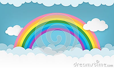 Cartoon cloudscape background with paper clouds and rainbow. Cloudy landscape wallpaper. Vector Illustration