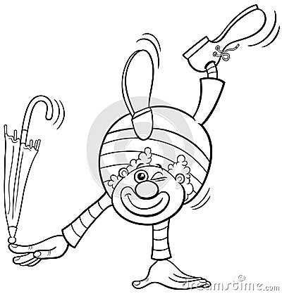 Cartoon clown character with umbrella coloring page Vector Illustration