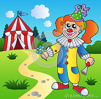 Cartoon clown girl with circus tent Vector Illustration