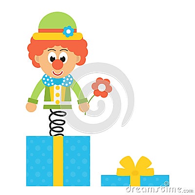 Cartoon clown with hat and flower and box Vector Illustration