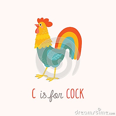 Cartoon cock. Funny rooster. Vector Illustration