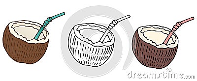 Cartoon coconuts color cafe set nature hand draw food art Vector Illustration