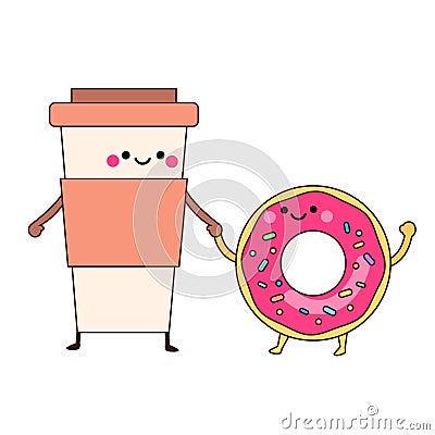 Cartoon coffee cup and donut holding hands. Cute funny food friends characters. kawaii friendly meal Vector Illustration