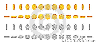 Cartoon coin animation sprites. Gold and silver coins flip and rotate. Round dollar for animated game. Money icon in Vector Illustration