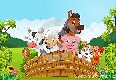Cartoon Collection farm animals in the forest Vector Illustration