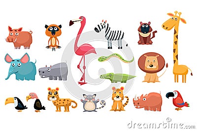 Cartoon collection of funny animals. Colorful elements for children s book, education card, mobile game or sticker Vector Illustration