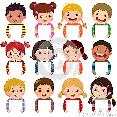 Cartoon collection of little kids portraits holding blank signs. Multi ethnic group of happy children portraits Vector Illustration