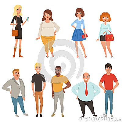 Cartoon collection of young and adult people in different poses. Men and women characters wearing casual clothes. Full Vector Illustration