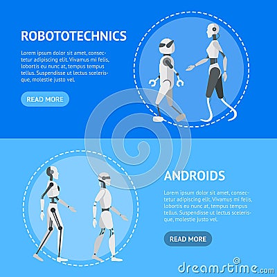 Cartoon Color Android Robots Banner Horizontal Set. Vector Vector Illustration