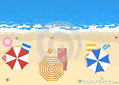 Cartoon Color Beach with Sun Umbrellas Scene Concept. Vector Vector Illustration