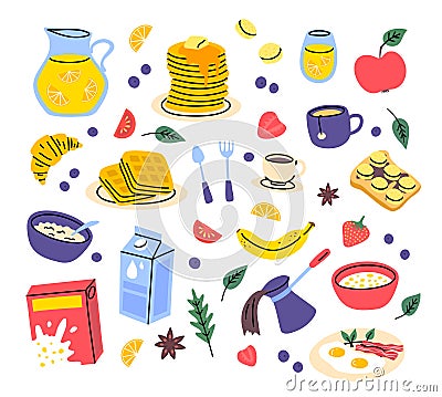 Cartoon Color Breakfast Food and Drinks Different Elements Set. Vector Vector Illustration