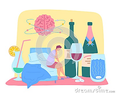 Cartoon Color Character and Alcoholic Hangover Concept. Vector Vector Illustration