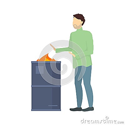 Cartoon Color Character Homeless Person and Barrel. Vector Vector Illustration