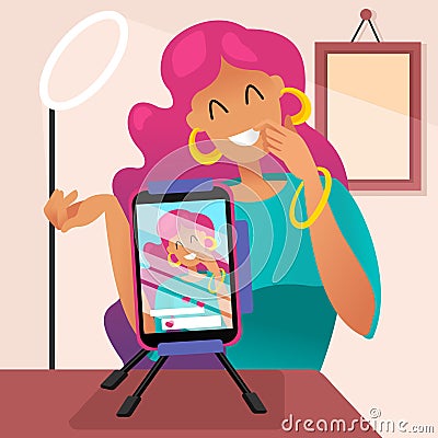 Cartoon Color Character Person Female Podcast Blogger Concept. Vector Vector Illustration