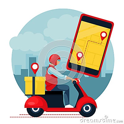 Cartoon Color Character Person and Food delivery App Concept. Vector Vector Illustration