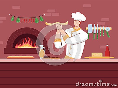 Cartoon Color Character Person Male Cook Chef Serving Pizza Concept. Vector Vector Illustration