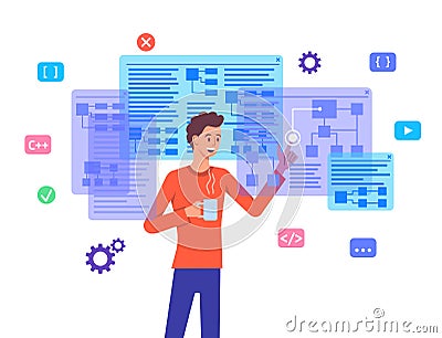 Cartoon Color Character Person Programmer Engineering and Web Development Concept. Vector Vector Illustration