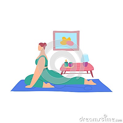 Cartoon Color Character Woman Home Yoga Kapotasana Pigeon Position Concept. Vector Vector Illustration