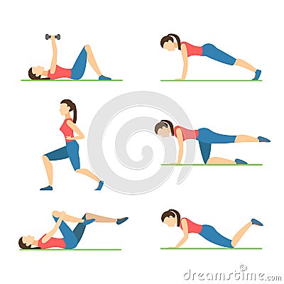 Cartoon Color Character Woman Make Home Workouts Set. Vector Vector Illustration