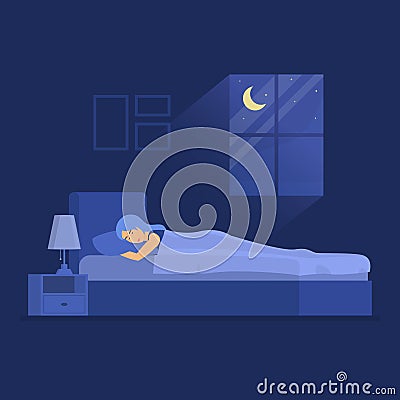 Cartoon Color Character Woman Sleeping in Bedroom Concept. Vector Vector Illustration