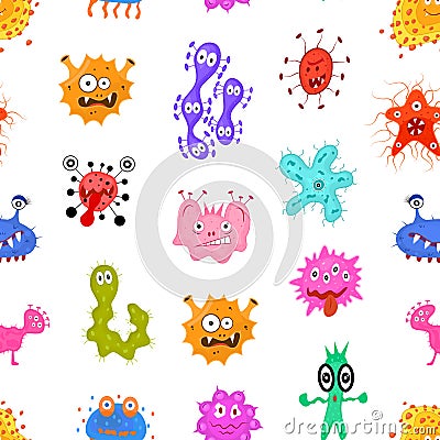 Cartoon Color Characters Bacteria Seamless Pattern Background. Vector Cartoon Illustration