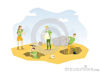 Cartoon Color Characters People and Archeology Excavations Concept. Vector Vector Illustration