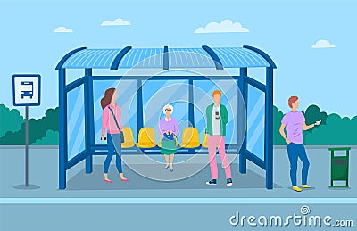 Cartoon Color Characters People on a Bus Station Concept. Vector Vector Illustration