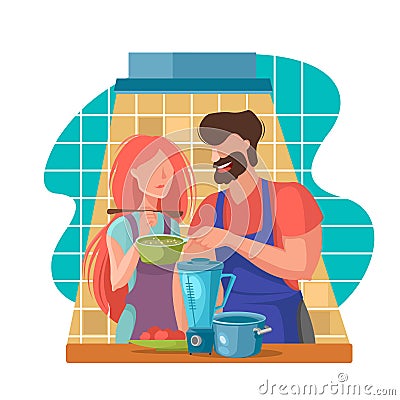 Cartoon Color Characters People Couple Cooks Concept. Vector Vector Illustration