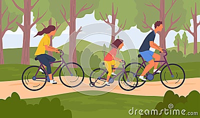 Cartoon Color Characters People Family Riding Bikes Together Concept. Vector Vector Illustration