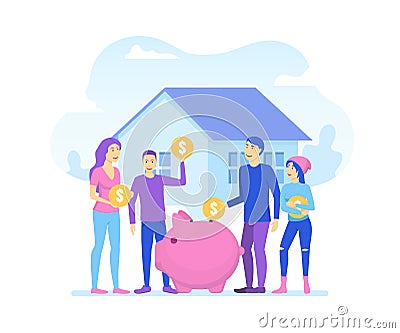 Cartoon Color Characters People and Family Saves Money Concept. Vector Vector Illustration