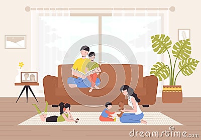 Cartoon Color Characters People Family Spends Time Home Concept. Vector Vector Illustration