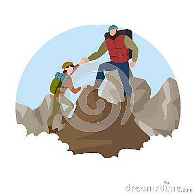 Cartoon Color Characters People and Mountain Climber Concept. Vector Vector Illustration