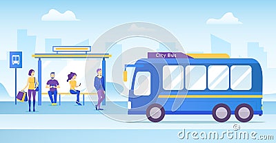 Cartoon Color Characters People Passengers Waiting Bus Concept. Vector Vector Illustration